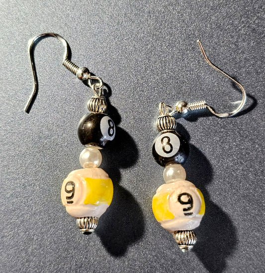 Handmade sterling silver earrings with "8" and "9" ball Double Jeopardy billiard ball beads.