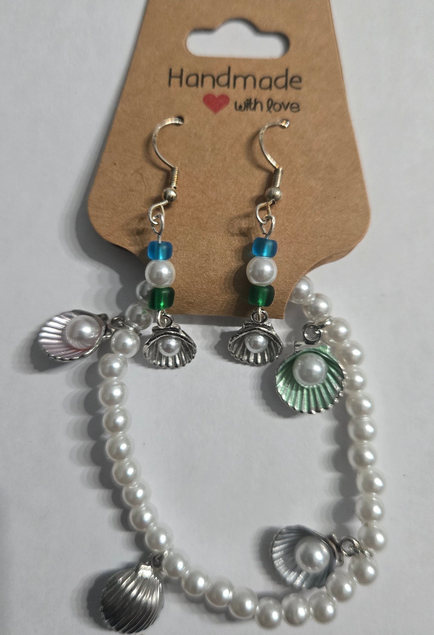 COMBO SET:  Faux pearl beaded bracelet with silver shell charms + matching earrings.
