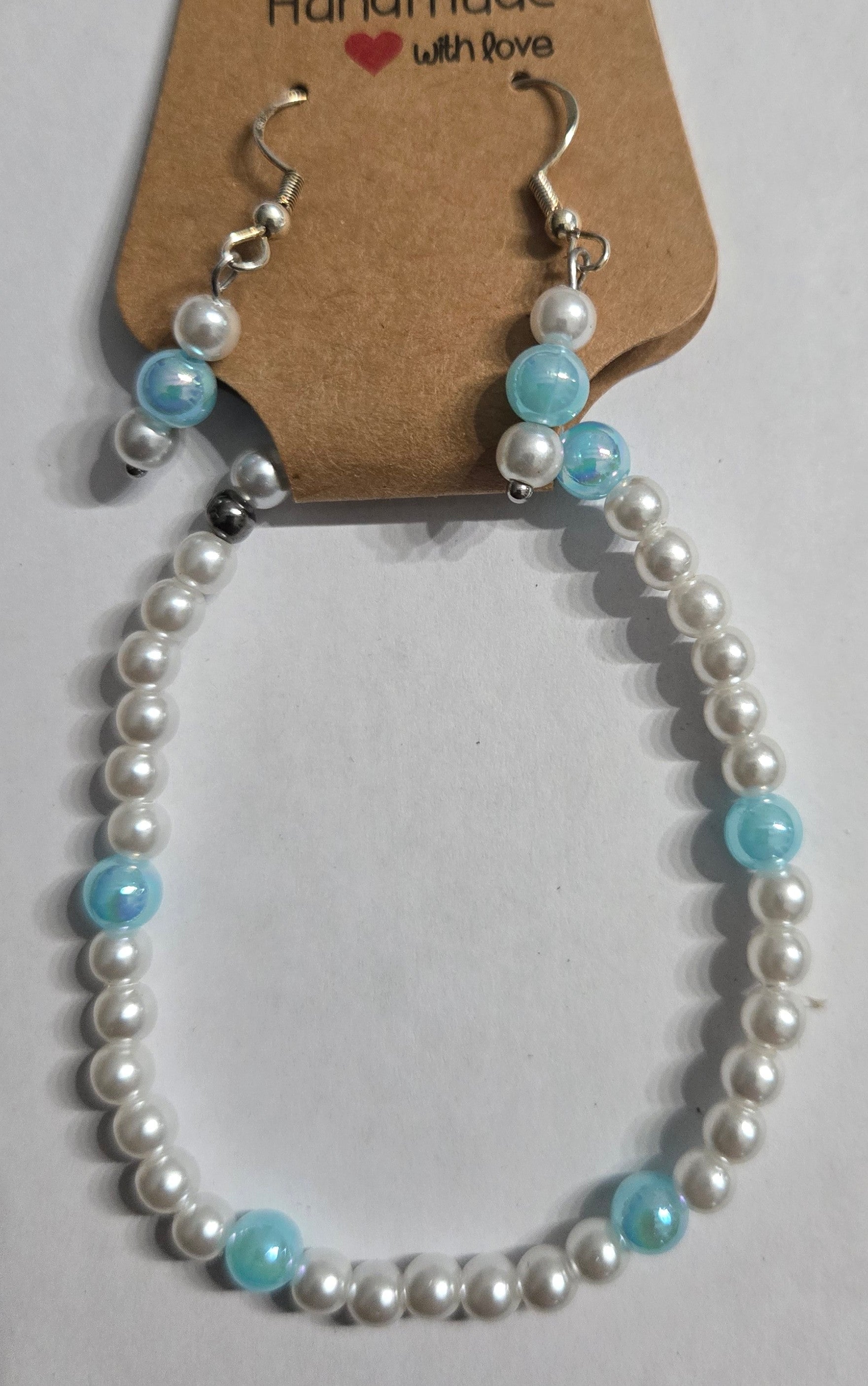 Beaded necklace with white faux pearl and blue beads + matching earrings