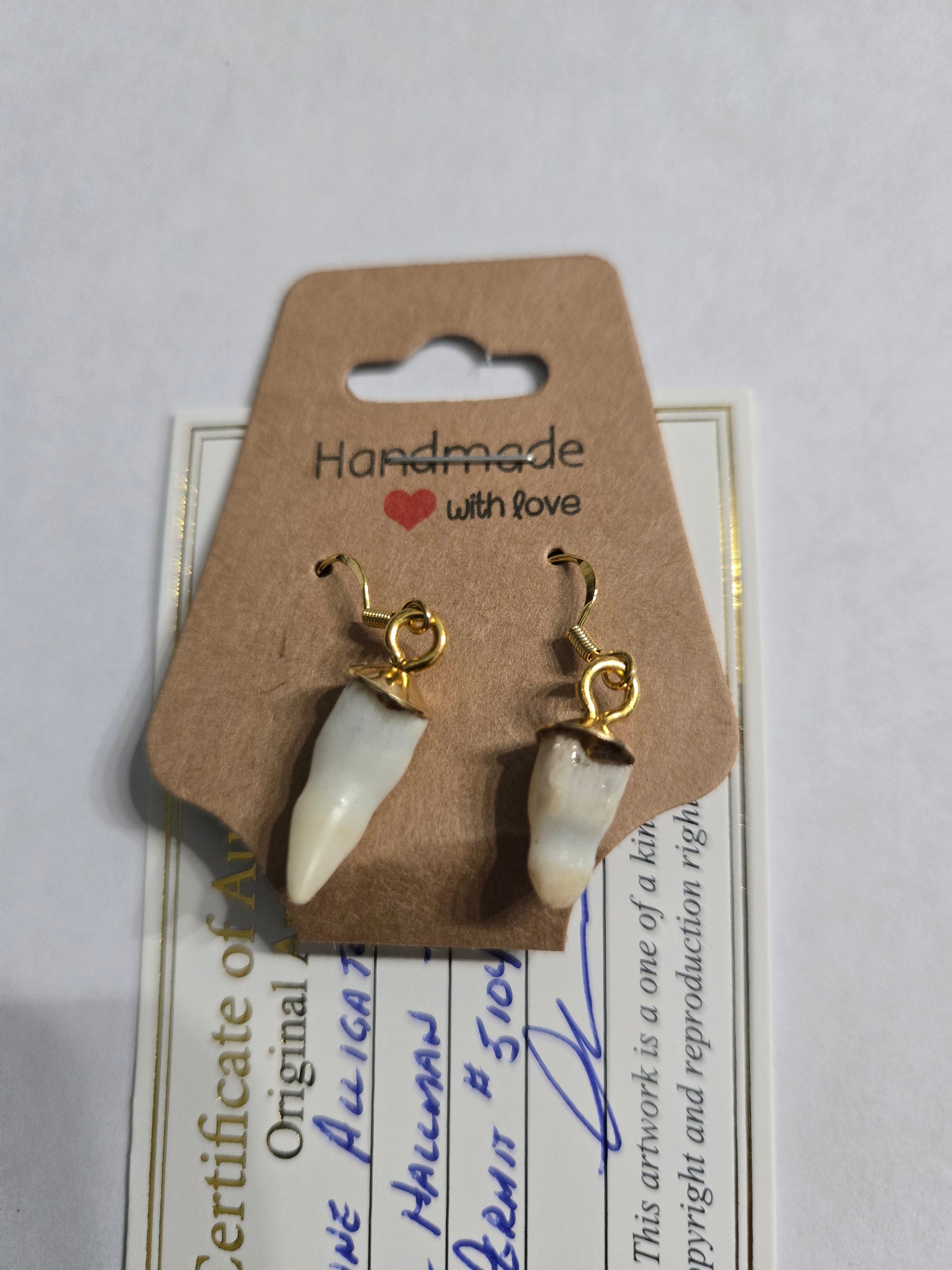 Genuine Alligator Teeth earrings on gold colored earring facets.